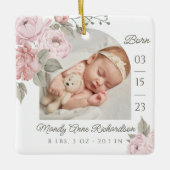 水彩ピンク牡丹フローラベビー誕生写真 セラミックオーナメント (正面)