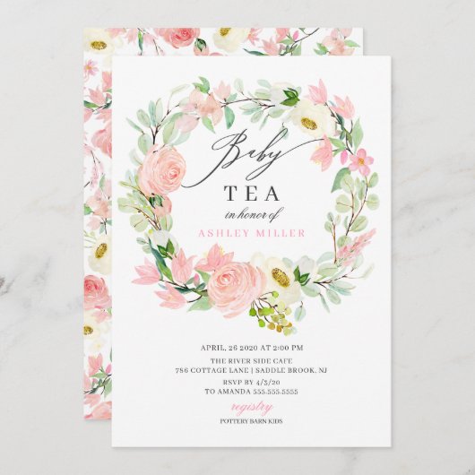 水彩ピンク牡丹フローラ赤ちゃんシャワーティー 招待状 (正面/裏面)