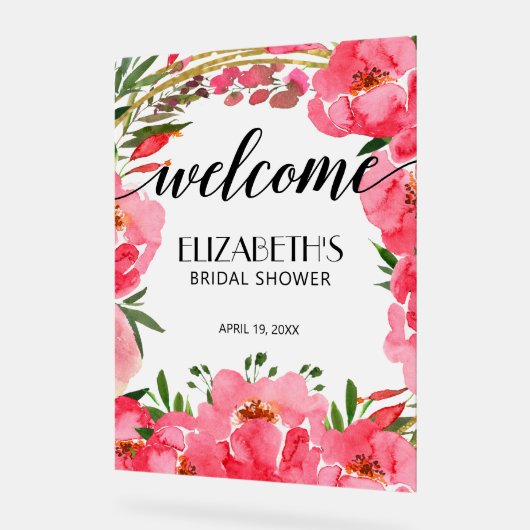 水彩ピンク牡丹ブライダルシャワーへようこそ アクリルサイン (傾斜)