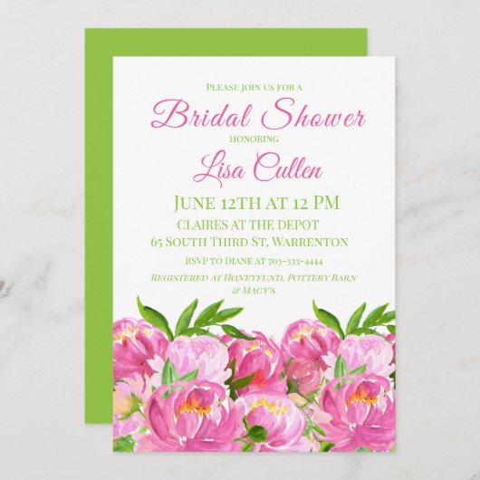 水彩ピンク牡丹ブライダルシャワースクリプト 招待状 (正面/裏面)