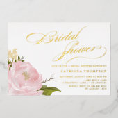水彩ピンク牡丹ブライダルシャワー金ゴールド 箔招待状 (正面)