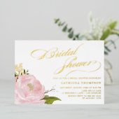 水彩ピンク牡丹ブライダルシャワー金ゴールド 箔招待状 (立ち正面)
