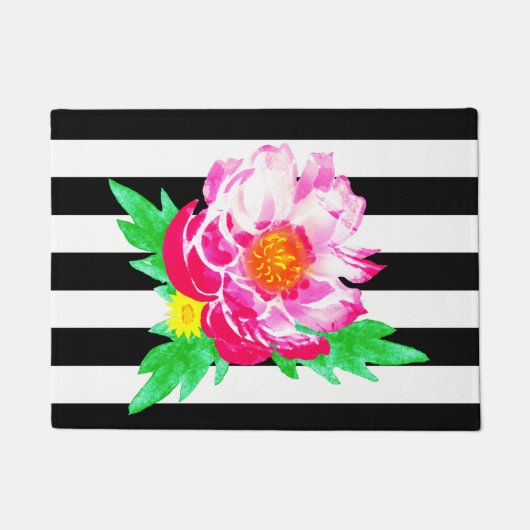 水彩ピンク牡丹ブラック&ホワイトドアマット ドアマット (正面)