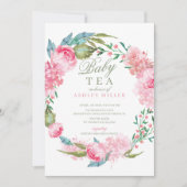 水彩ピンク牡丹ベビーシャワーティー 招待状 (正面)