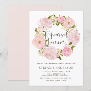 水彩ピンク牡丹リースリハーサルディナー 招待状