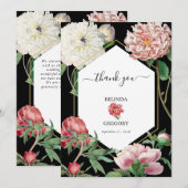 水彩ピンク牡丹結婚花の黒 サンキューカード (正面/裏面)