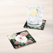 水彩ピンク牡丹結婚花の黒 スクエアペーパーコースター (インサイチュ)