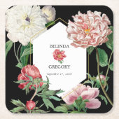 水彩ピンク牡丹結婚花の黒 スクエアペーパーコースター (正面)