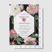 水彩ピンク牡丹結婚花の黒 ベラム紙招待状 (オフセット (招待状))