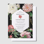 水彩ピンク牡丹結婚花の黒 ベラム紙招待状 (オフセット)