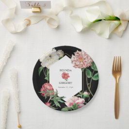 水彩ピンク牡丹結婚花の黒 ペーパープレート