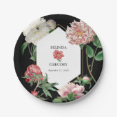 水彩ピンク牡丹結婚花の黒 ペーパープレート (正面)