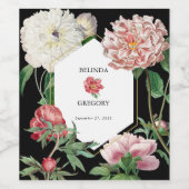 水彩ピンク牡丹結婚花の黒 ワインラベル (シングルラベル)