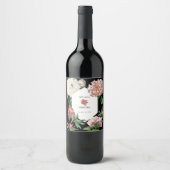 水彩ピンク牡丹結婚花の黒 ワインラベル (正面)