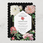 水彩ピンク牡丹結婚花の黒 招待状 (正面/裏面)