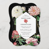 水彩ピンク牡丹結婚花の黒 招待状 (正面/裏面)