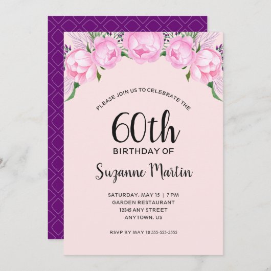 水彩ピンク牡丹60th誕生日パーティー 招待状 (正面/裏面)