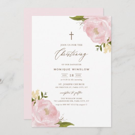 水彩ピンク牡丹《キリスト教》洗礼式や命名式 招待状 (正面/裏面)