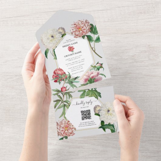 水彩ピンク白い牡丹結婚の花 オールインワン招待状 (貼ってはがせる)