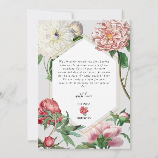 水彩ピンク白い牡丹結婚の花 サンキューカード (裏面)