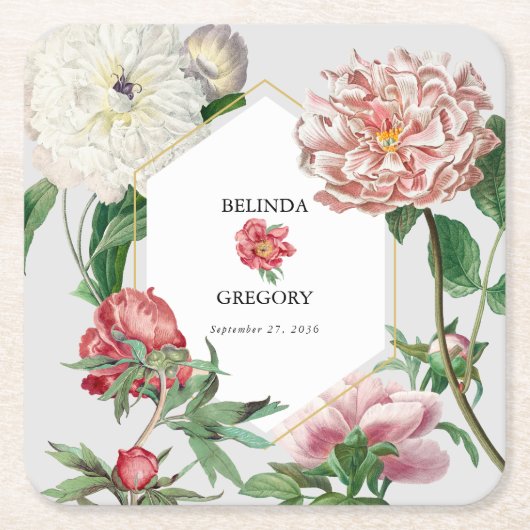 水彩ピンク白い牡丹結婚の花 スクエアペーパーコースター (正面)