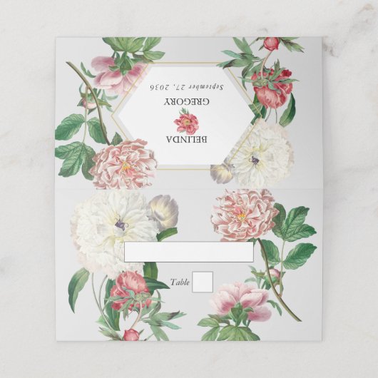 水彩ピンク白い牡丹結婚の花 プレイスカード (外部開封)
