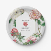 水彩ピンク白い牡丹結婚の花 ペーパープレート (正面)