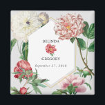 水彩ピンク白い牡丹結婚の花 マグネット<br><div class="desc">美しい水色ピンクと白い牡丹の花の結婚デザインと金ゴールド幾何学的フレーム。ピンクユニークと白の色調のヴィンテージ植物牡丹花模様を使用するデザイン。緑のエレガント一色のピンクと白の牡丹のフローラデザイン。シックな金ゴールド幾何学的フレーム結婚式の引き出物マグネットモダンデザイン。一致する結婚式招待状や他の文房具も用意。</div>