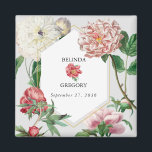 水彩ピンク白い牡丹結婚の花 マグネット<br><div class="desc">美しい水色ピンクと白い牡丹の花の結婚デザインと金ゴールド幾何学的フレーム。ピンクユニークと白の色調のヴィンテージ植物牡丹花模様を使用するデザイン。緑のエレガント一色のピンクと白の牡丹のフローラデザイン。シックな金ゴールド幾何学的フレーム結婚式の引き出物マグネットモダンデザイン。一致する結婚式招待状や他の文房具も用意。</div>