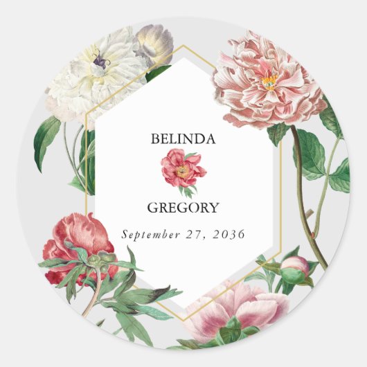 水彩ピンク白い牡丹結婚の花 ラウンドシール (正面)
