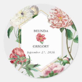 水彩ピンク白い牡丹結婚の花 ラウンドシール