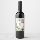 水彩ピンク白い牡丹結婚の花 ワインラベル (正面)