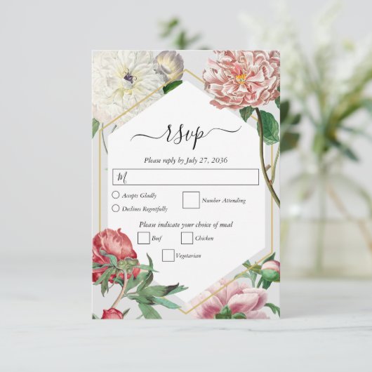 水彩ピンク白い牡丹結婚の花 出欠カード (スタンド正面)