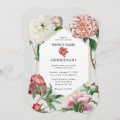 水彩ピンク白い牡丹結婚の花 招待状 (正面/裏面)