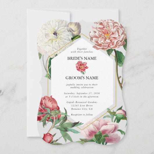 水彩ピンク白い牡丹結婚の花 招待状 (正面)