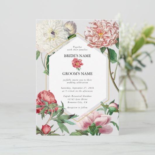 水彩ピンク白い牡丹結婚の花 招待状 (スタンド正面)