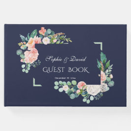 水彩ピンク白い花グリーンフレーム結婚ズ ゲストブック