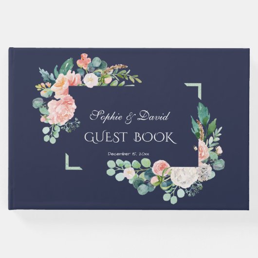 水彩ピンク白い花グリーンフレーム結婚ズ ゲストブック (正面)