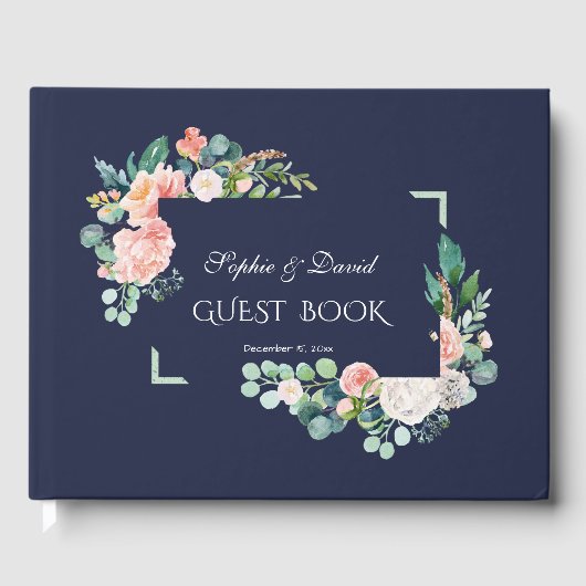 水彩ピンク白い花グリーンフレーム結婚ズ ゲストブック (正面)