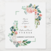 水彩ピンク白い花グリーンフレーム結婚ズ ワインラベル (シングルラベル)