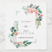 水彩ピンク白い花緑のフレームバプテスマ ワインラベル (シングルラベル)