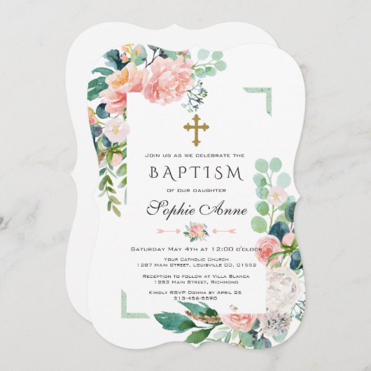 水彩ピンク白い花緑のフレームバプテスマ 招待状 (正面/裏面)
