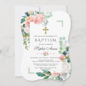 水彩ピンク白い花緑のフレームバプテスマ 招待状 (正面)