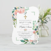 水彩ピンク白い花緑のフレームバプテスマ 招待状 (スタンド正面)