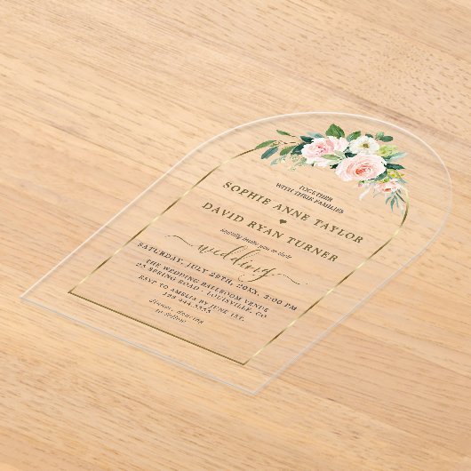 水彩ピンク白い花金ゴールド結婚アーチ アクリル招待状 (レイダウン)