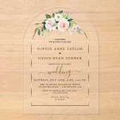 水彩ピンク白い花金ゴールド結婚アーチ アクリル招待状 (正面)