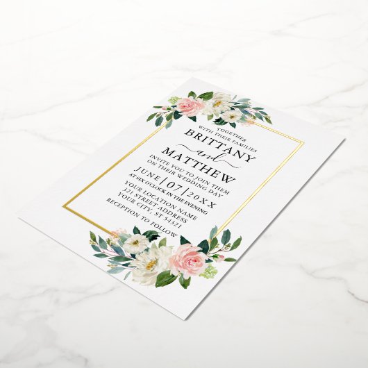 水彩ピンク白フローラ写真結婚の金ゴールド 箔招待状 (回転した状態)
