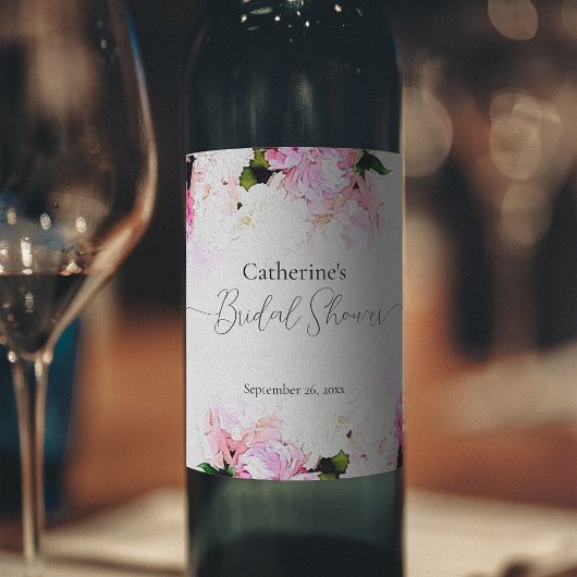 水彩ピンク白牡丹の花ブライダルシャワー ワインラベル