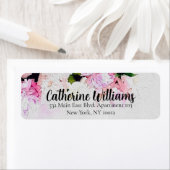 水彩ピンク白牡丹の花差出人住所 ラベル (インサイチュ)