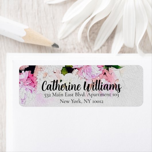 水彩ピンク白牡丹の花差出人住所 ラベル (インサイチュ)